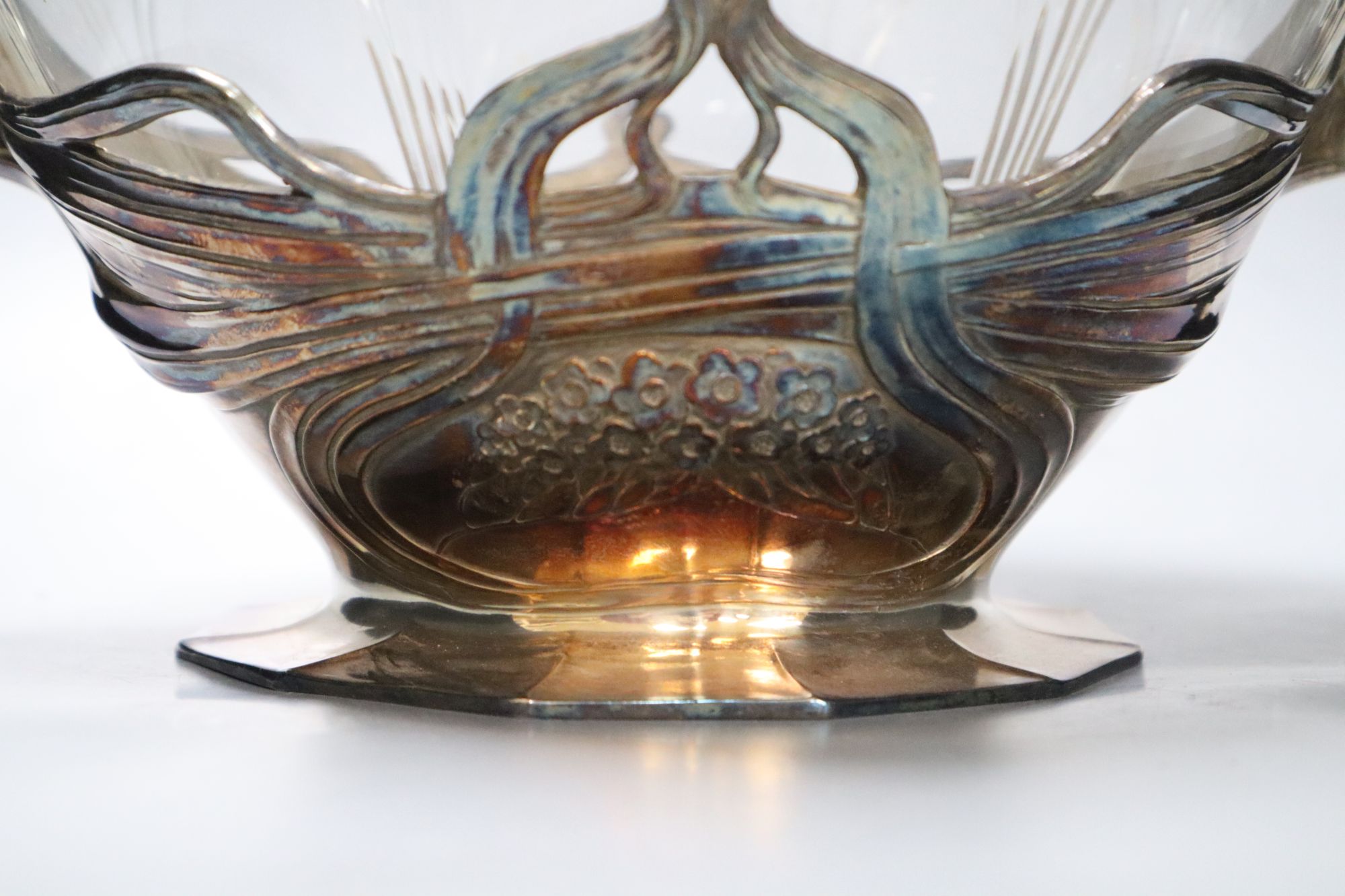 An Art Nouveau Orivit pewter and cut glass punch bowl, height 31cm